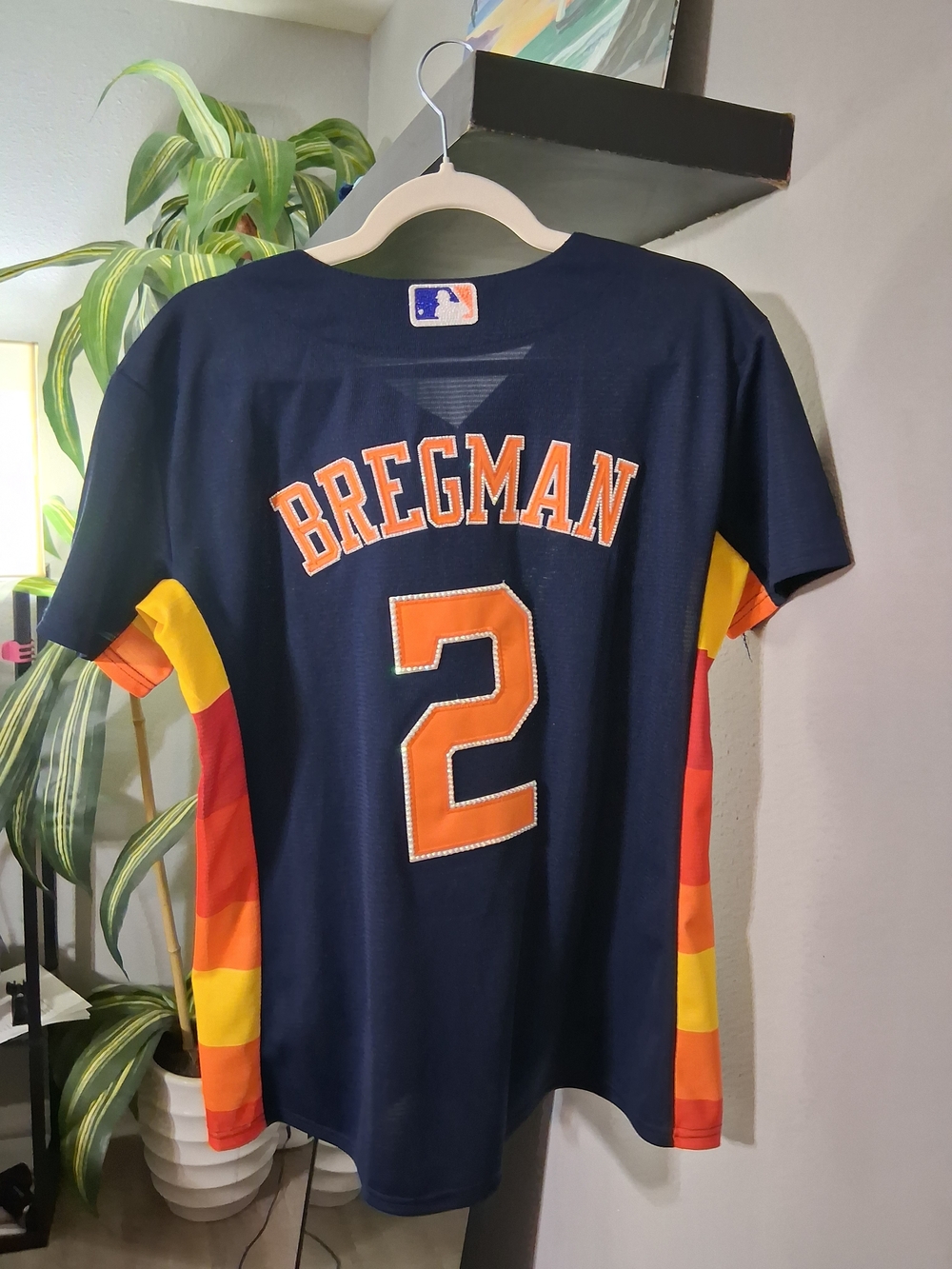 MLB Navy Jersey with Orange and White Trim. Astros Bergman